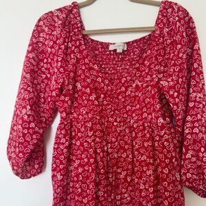 LOFT Red Heart Print Top – Smocked Bodice, Puff Sleeves